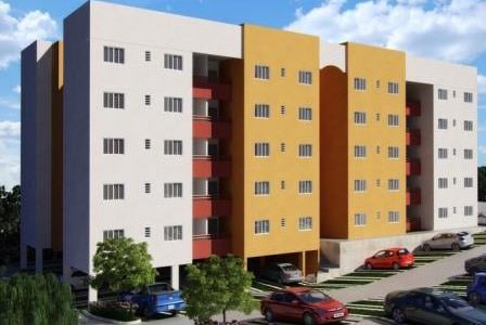 Pintura de fachadas prédio branco, vermelho e amarelo Pintura de fachada de edifício residencial.