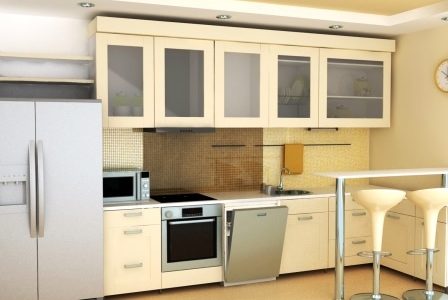 Remodelações de cozinha pequena cores claras Remodelação de cozinha pequena com parede revestida a pastilha.